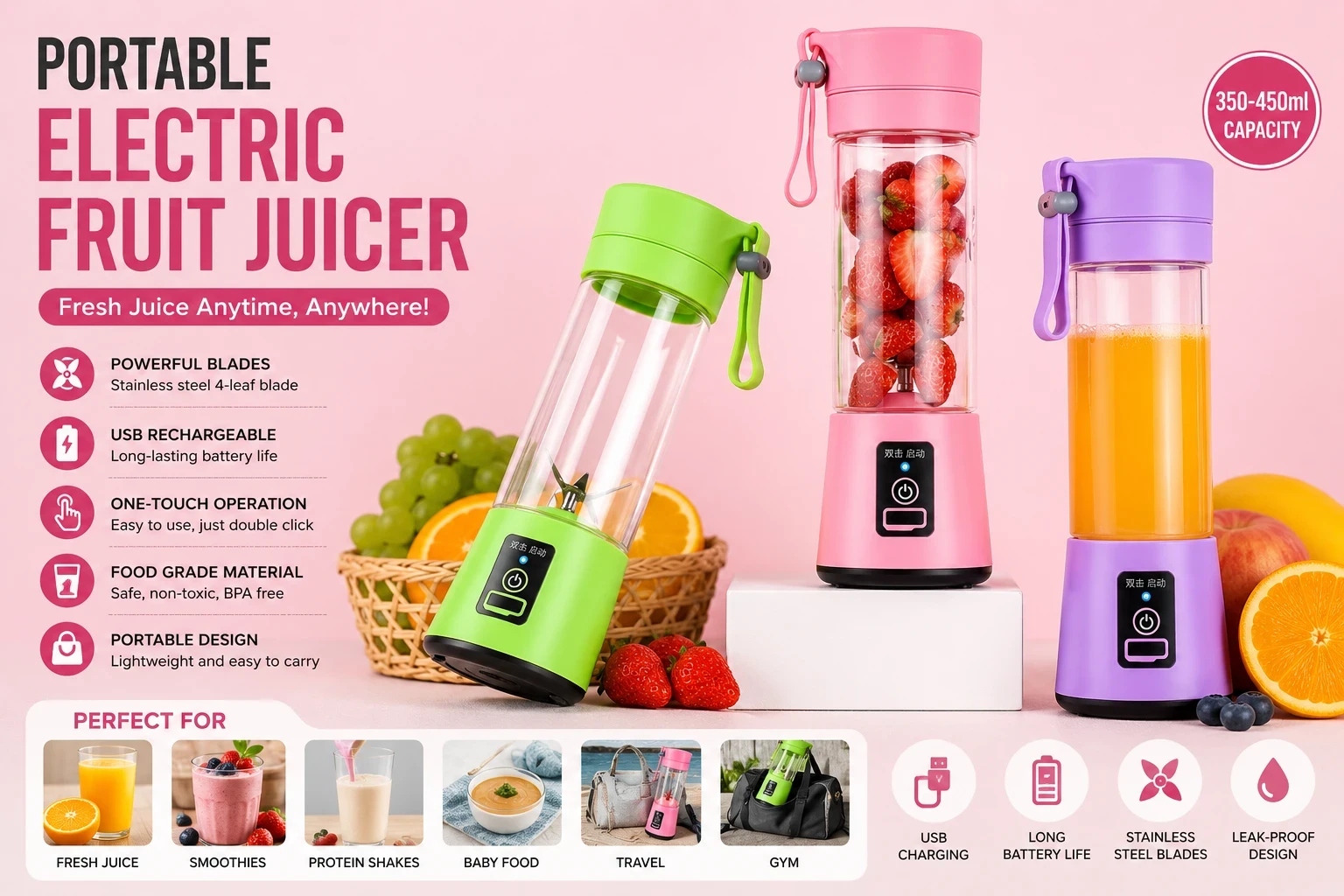 Portable Electric Fruit Juicer Blender